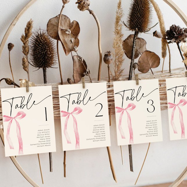 Coquette Pink Bow Bridal Table Number Place Cards (Creator Uploaded)