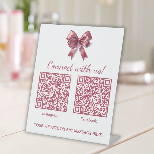  Coquette Pink Bow Business Two QR Codes Pedestal Sign (Creator Uploaded)
