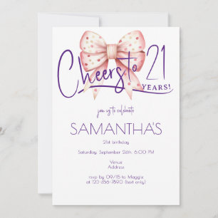 Coquette Pink Bow Cheers 21st Birthday Photo  Invitation