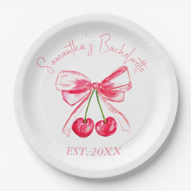 Coquette Pink Bow Cherry Bachelorette Party  Paper Plate (Front)