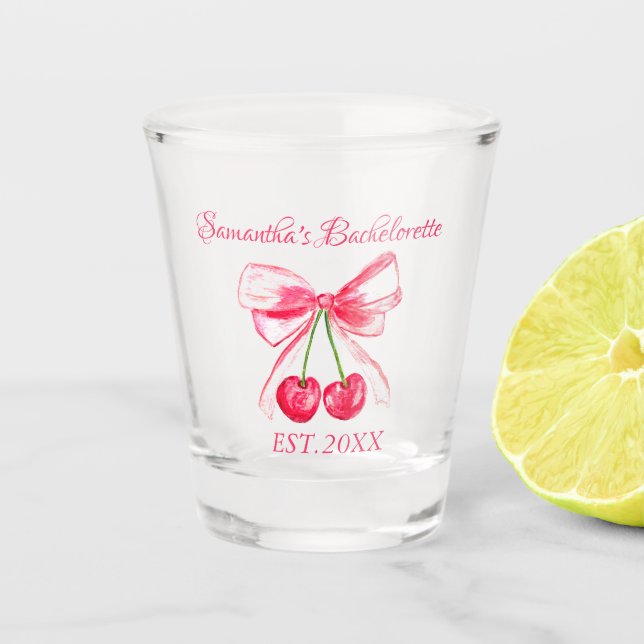 Coquette Pink Bow Cherry Bachelorette Party  Shot Glass (Front)