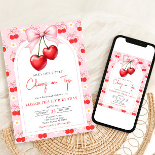 Coquette Pink Bow Cherry Birthday Invitation