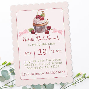 Coquette Pink Bow Cherry Cake Cute Bridal Shower Invitation