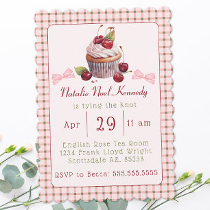 Coquette Pink Bow Cherry Cake Cute Bridal Shower Invitation