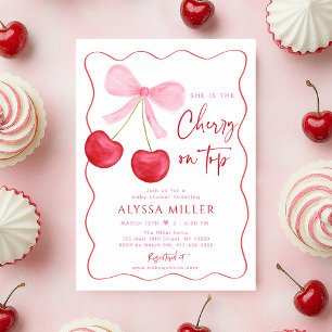 Coquette Pink Bow Cherry on Top Baby Shower Invitation
