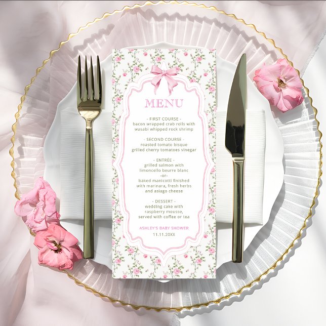Coquette Pink Bow Elegant Vintage Baby Shower Menu (Creator Uploaded)