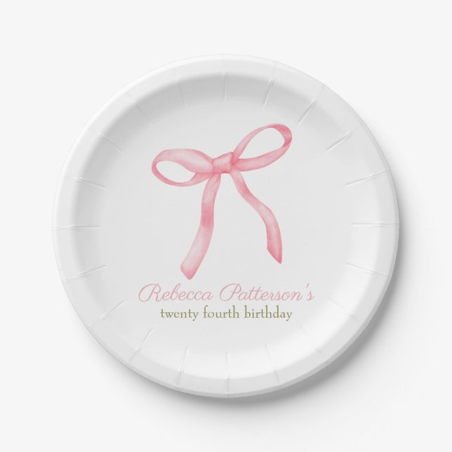 Coquette Pink Bow Feminine Bday Party Personalised Paper Plate (Front)