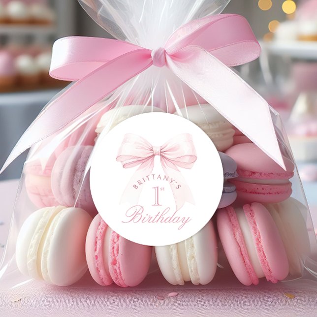 Coquette Pink Bow First Birthday Classic Round Sticker (Creator Uploaded)