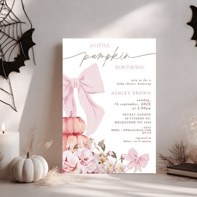 Coquette Pink Bow Floral Baby Shower Invitation (Editable Pink Bow Pumpkin Girl Baby Shower Invitation, Little Pumpkin Baby Shower Invitation Girl)