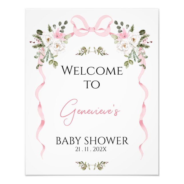 Coquette Pink Bow Floral Baby Shower Welcome Sign (Front)