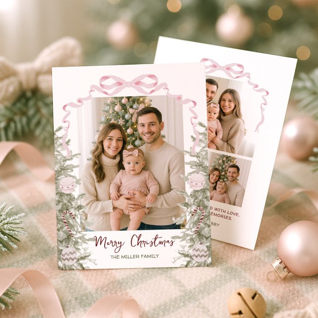 Coquette Pink Bow Four Photo Christmas Holiday Card (Creator Uploaded)