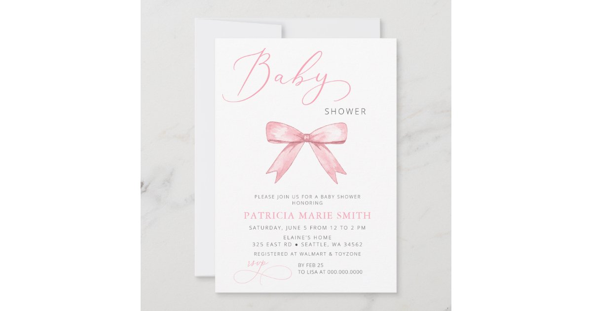Coquette Pink Bow Girl Baby Shower Invitation | Zazzle