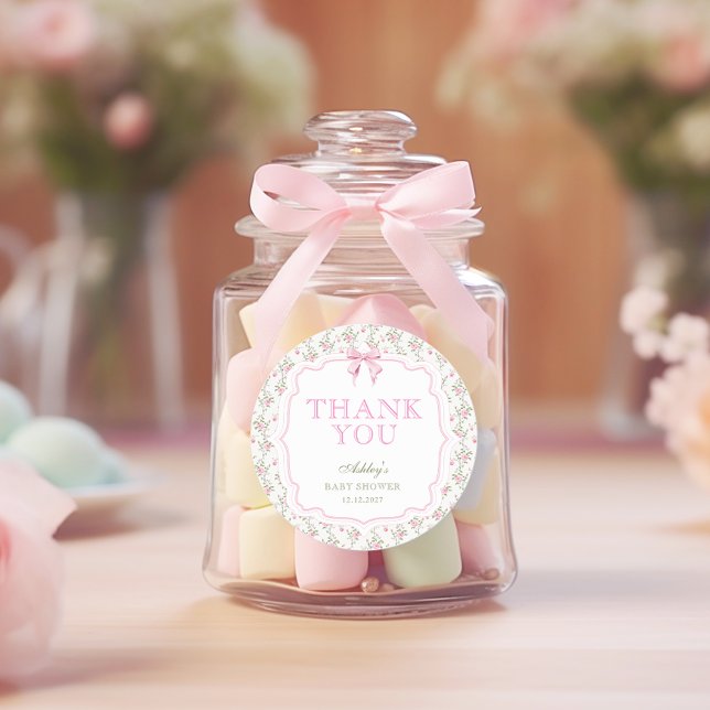 Coquette Pink Bow Girl Baby Shower Thank You Classic Round Sticker (Creator Uploaded)