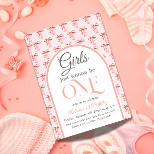 Coquette Pink Bow Girl First 1st Birthday Invitation