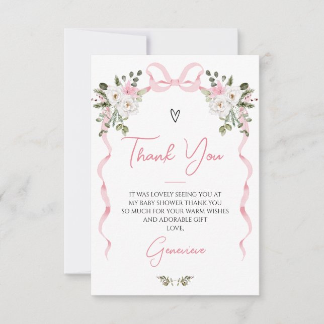 Coquette Pink Bow Girls Winter Floral Baby Shower Thank You Card (Front)