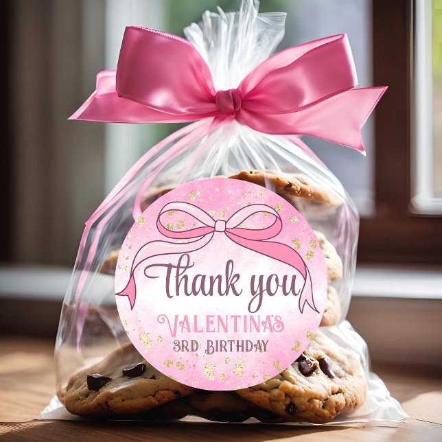 Coquette Pink Bow Gold Glitter Script Thank You Classic Round Sticker (Creator Uploaded)