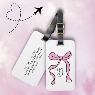 Coquette Pink Bow Initial Monogram Minimal Script Luggage Tag