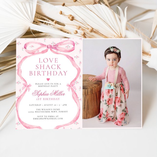 Coquette Pink Bow Love Shack Birthday Photo Invitation (Creator Uploaded)