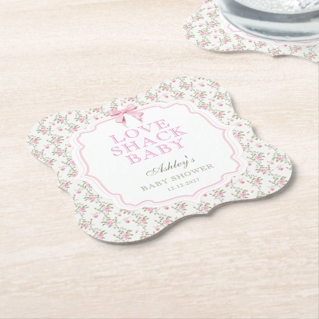 Coquette Pink Bow Love Shack Girl Baby Shower Paper Coaster (Angled)