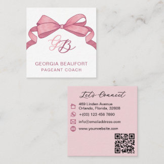 Coquette Pink Bow Monogram Beauty QR Code Square Business Card