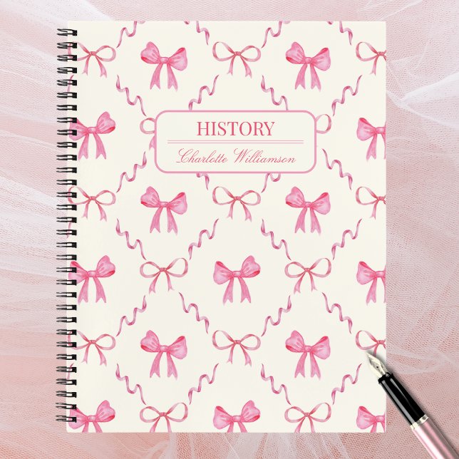 Coquette Pink Bow Notebook (cute pink bow coquette notebook with customizable name and subject, back to school essentials)