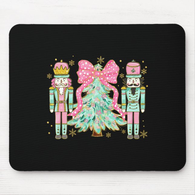 Coquette Pink Bow Nutcracker Christmas Tree Preppy Mouse Mat (Front)