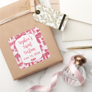 Coquette Pink Bow Party Square Stickers