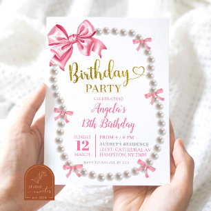 Coquette Pink Bow Pearls Birthday Party Invitation