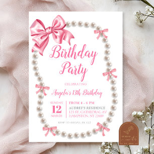Coquette Pink Bow Pearls Birthday Party Invitation