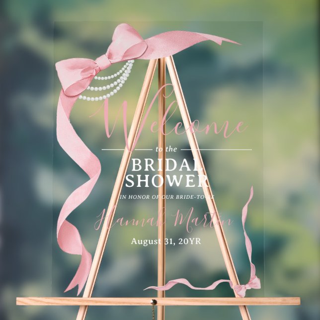 Coquette Pink Bow & Pearls Bridal Shower Welcome Acrylic Sign (Neutral)