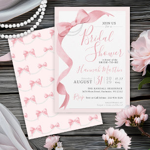 Coquette Pink Bow & Pearls Modern Bridal Shower Invitation