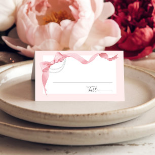 Coquette Pink Bow & Pearls Modern Bridal Shower Place Card