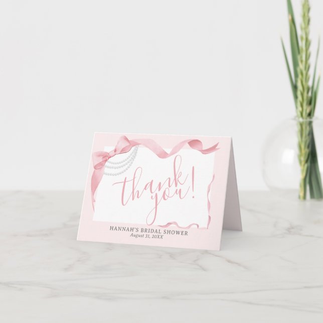 Coquette Pink Bow & Pearls Modern Bridal Shower Thank You Card (Front)