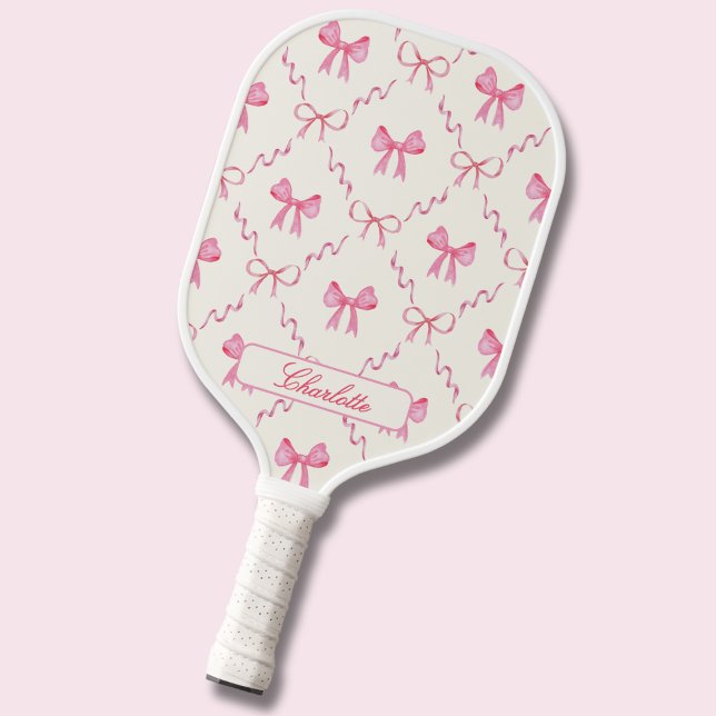 Coquette Pink Bow Pickleball Paddle (sweet coquette pink bows pickleball paddle, customizable with name in calligraphy script)