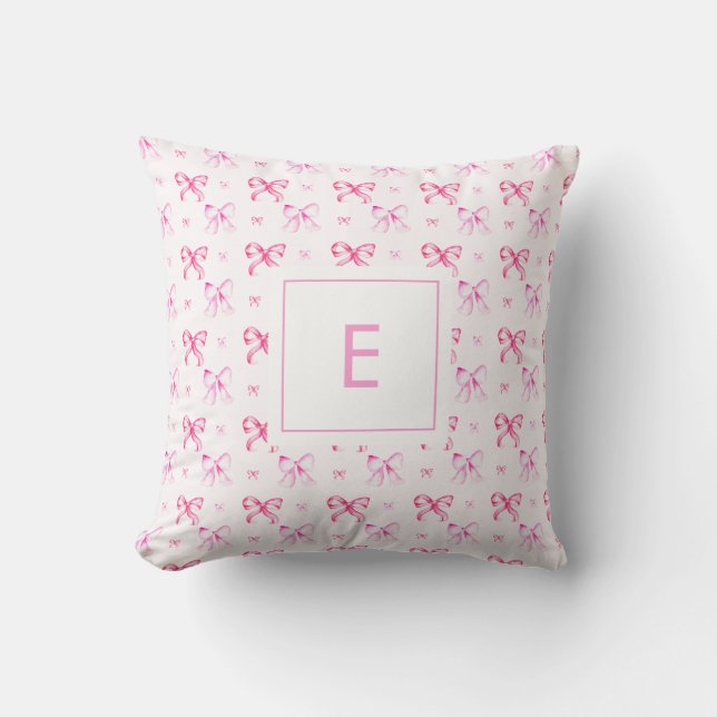 Coquette Pink Bow Preppy Girly Monogram Cushion (Front)