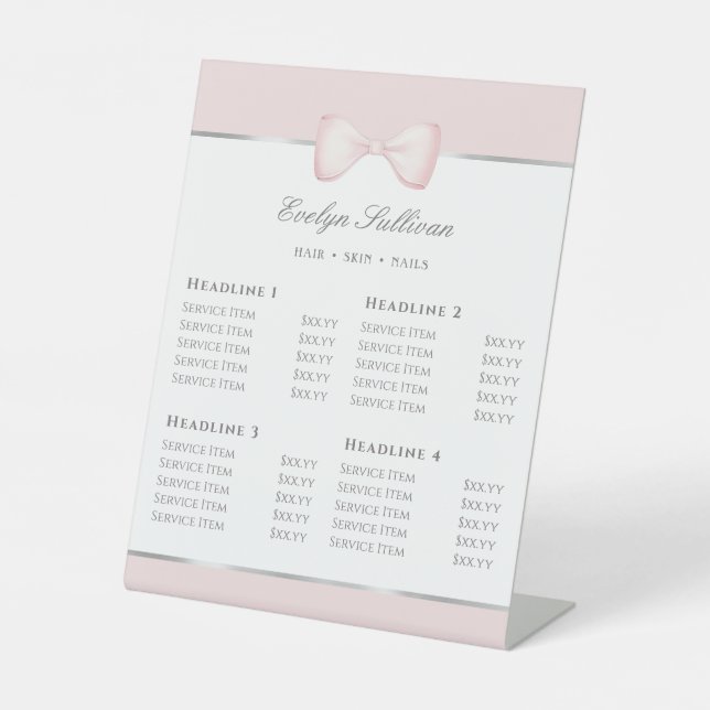 Coquette Pink Bow Price List Pedestal Sign (Front)