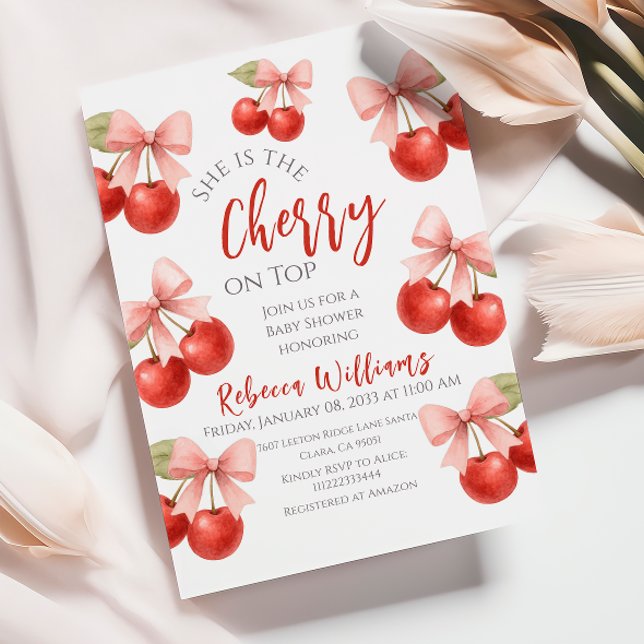 Coquette Pink Bow Red Cherry on Top Baby Shower Invitation (Creator Uploaded)