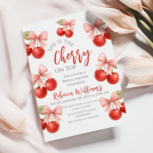 Coquette Pink Bow Red Cherry on Top Bridal Shower Invitation