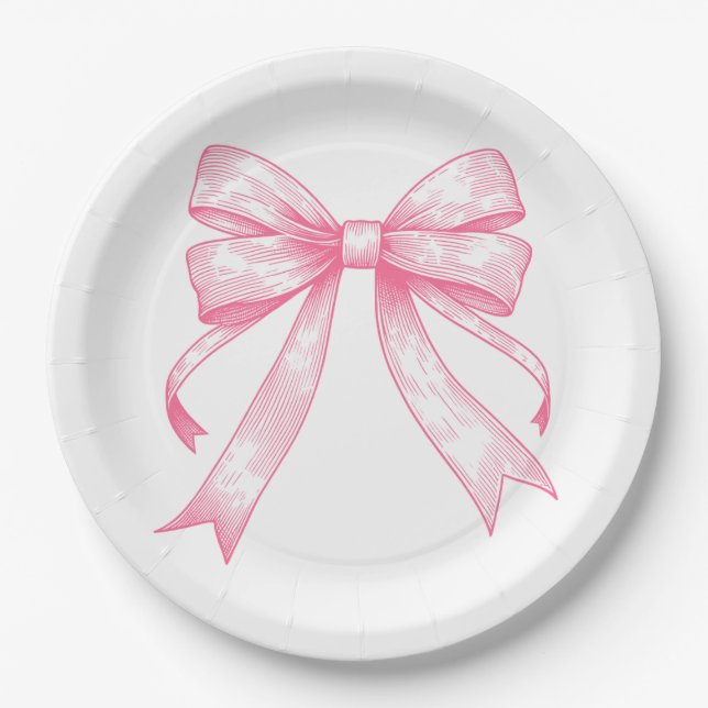 Coquette Pink Bow Retro Girl Baby Shower Paper Plate (Front)