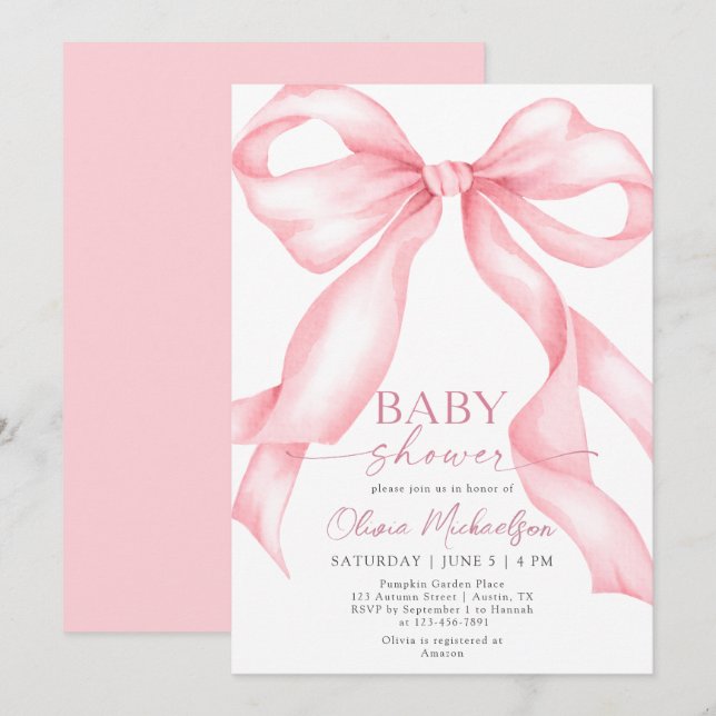 Coquette Pink Bow Ribbon Elegant Girl Baby Shower Invitation (Front/Back)