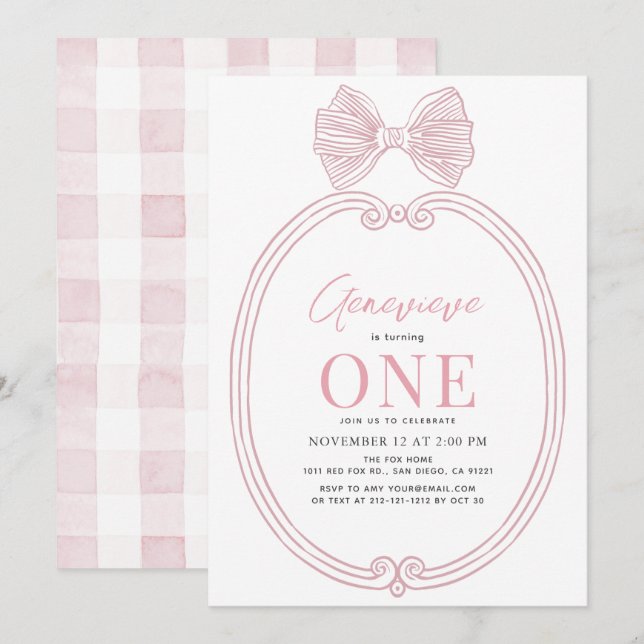 Coquette Pink Bow Ribbon Frame Girl 1st Birthday Invitation (Front/Back)