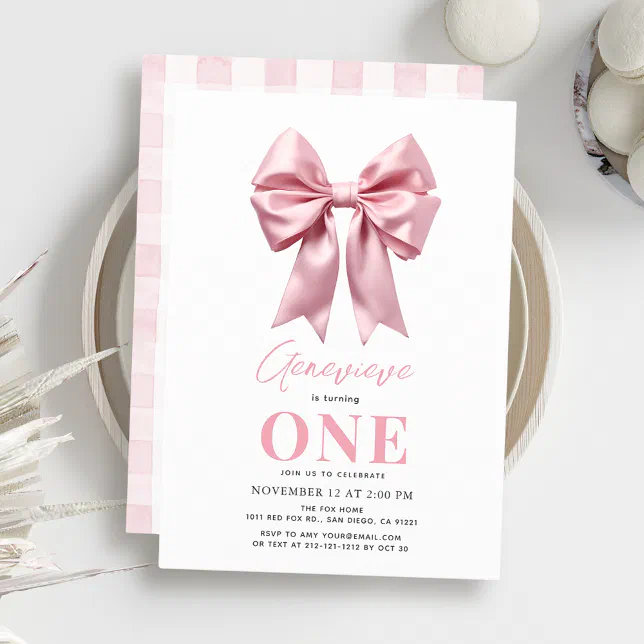 Coquette Pink Bow Ribbon Girl 1st Birthday Invitation | Zazzle