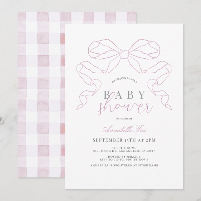 Coquette Pink Bow/Ribbon Girl Baby Shower Invitation (Front/Back)