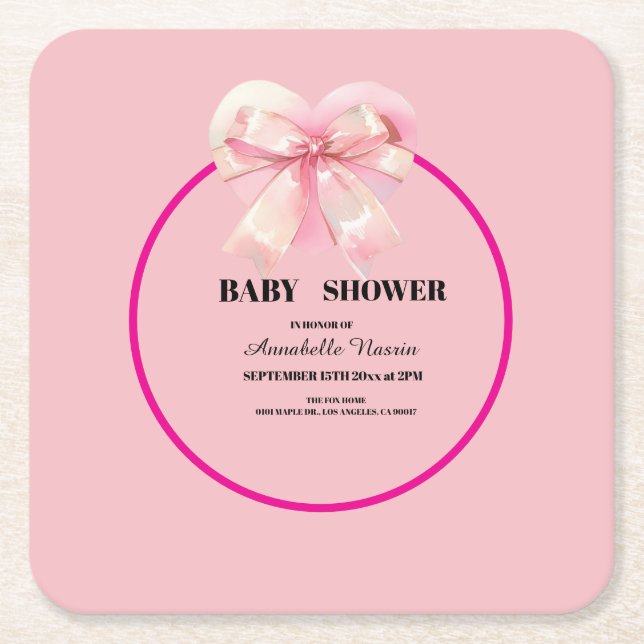 Coquette Pink Bow Ribbon Girl Baby Shower Square Paper Coaster (Front)