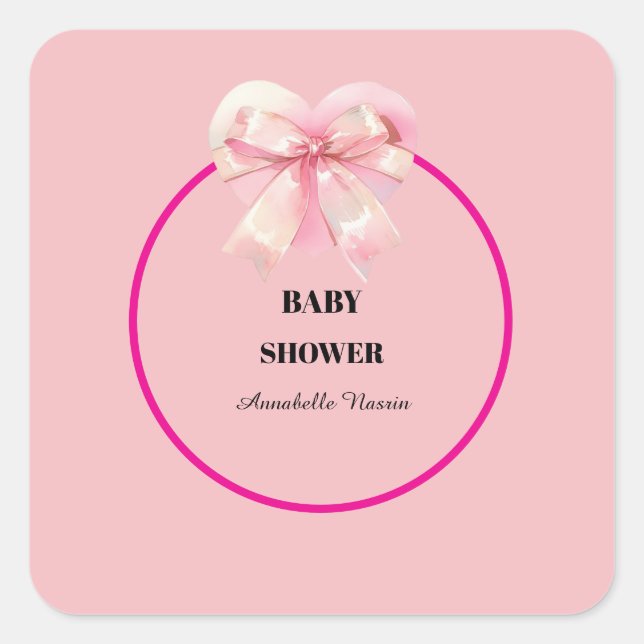 Coquette Pink Bow Ribbon Girl Baby Shower Square Sticker (Front)