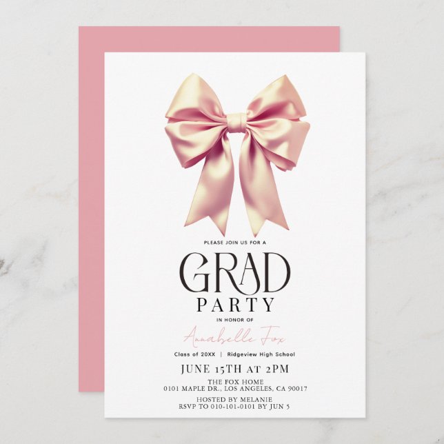 Coquette Pink Bow Ribbon Graduation Party Invitation (Front/Back)