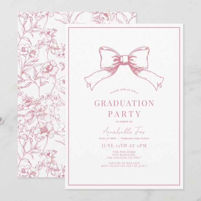 Coquette Pink Bow Ribbon Graduation Party Invitation (Front/Back)