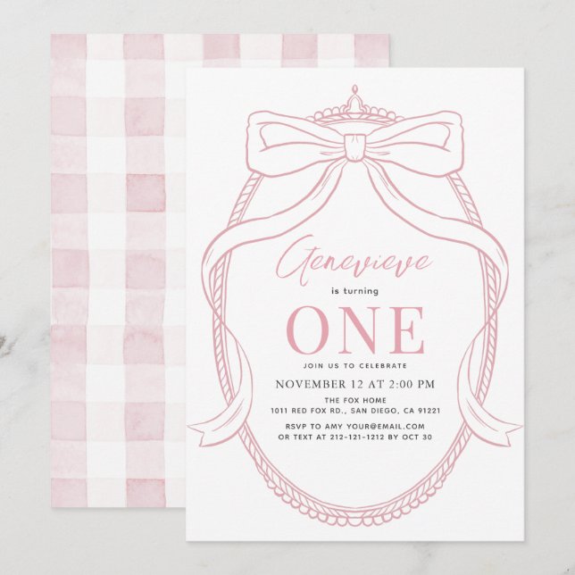 Coquette Pink Bow/Ribbon Tiara Girl 1st Birthday Invitation (Front/Back)