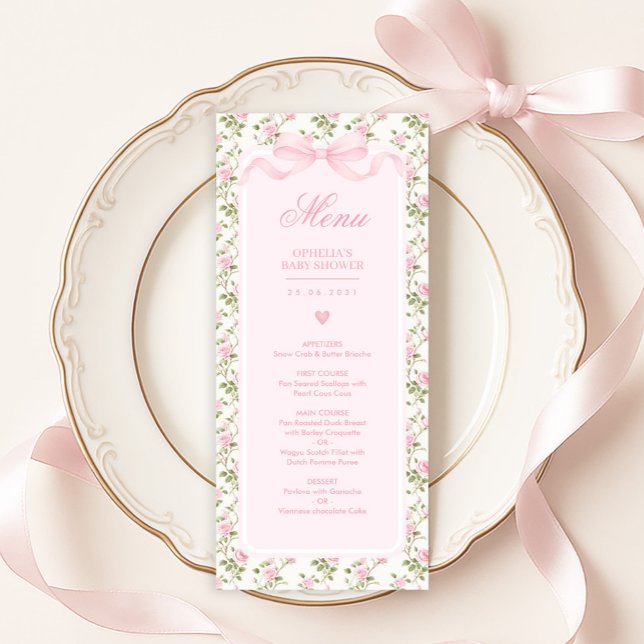 Coquette Pink Bow Roses Baby Shower Menu Invitation (Creator Uploaded)