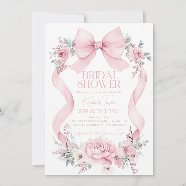 Coquette Pink Bow Roses Flowers Bridal Shower Invitation (Front)